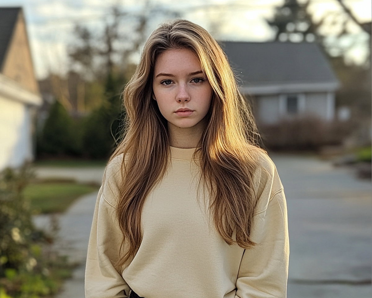 A pensive young woman standing outside a house | Source: Midjourney