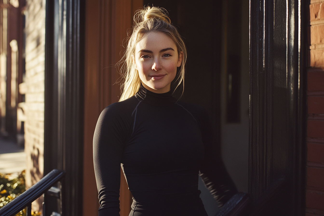 A woman in black exercise clothes smirking outside her townhouse door | Source: Midjourney