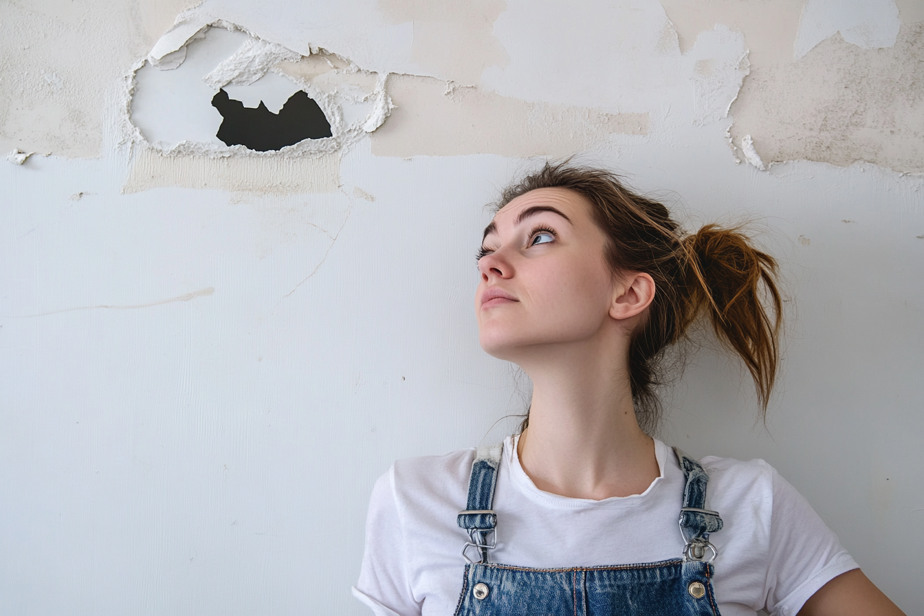 A woman looking at a hole in the drywall | Source: Midjourney