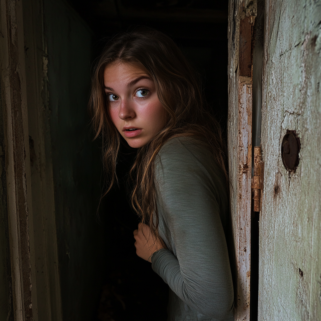 A young woman sneaking to a basement | Source: Midjourney