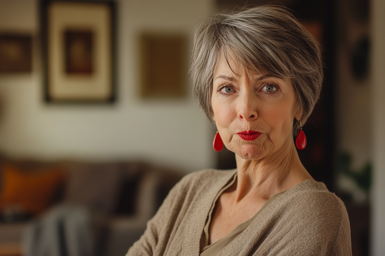 A woman in her 60s, her face blushed and pouting, looking angry in a living room | Source: Midjourney