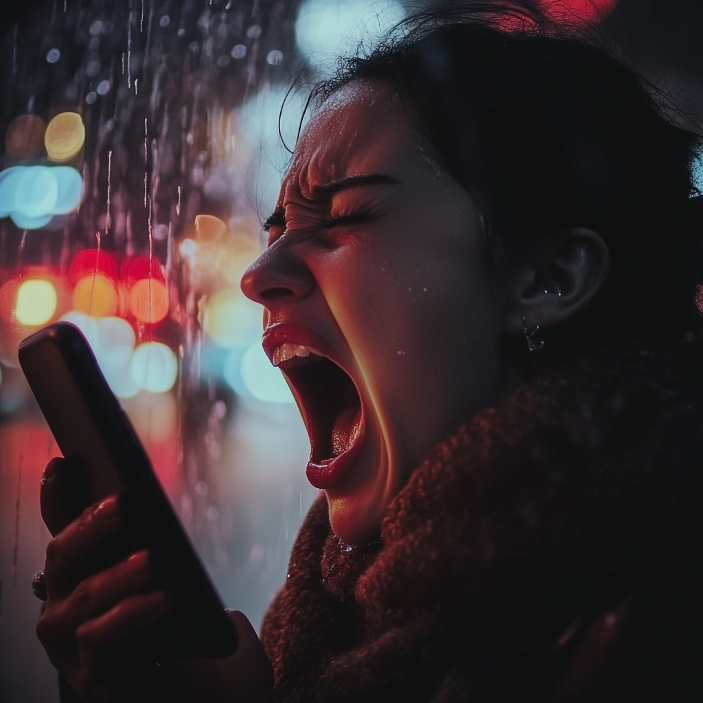 A woman screaming into her home | Source: Midjourney