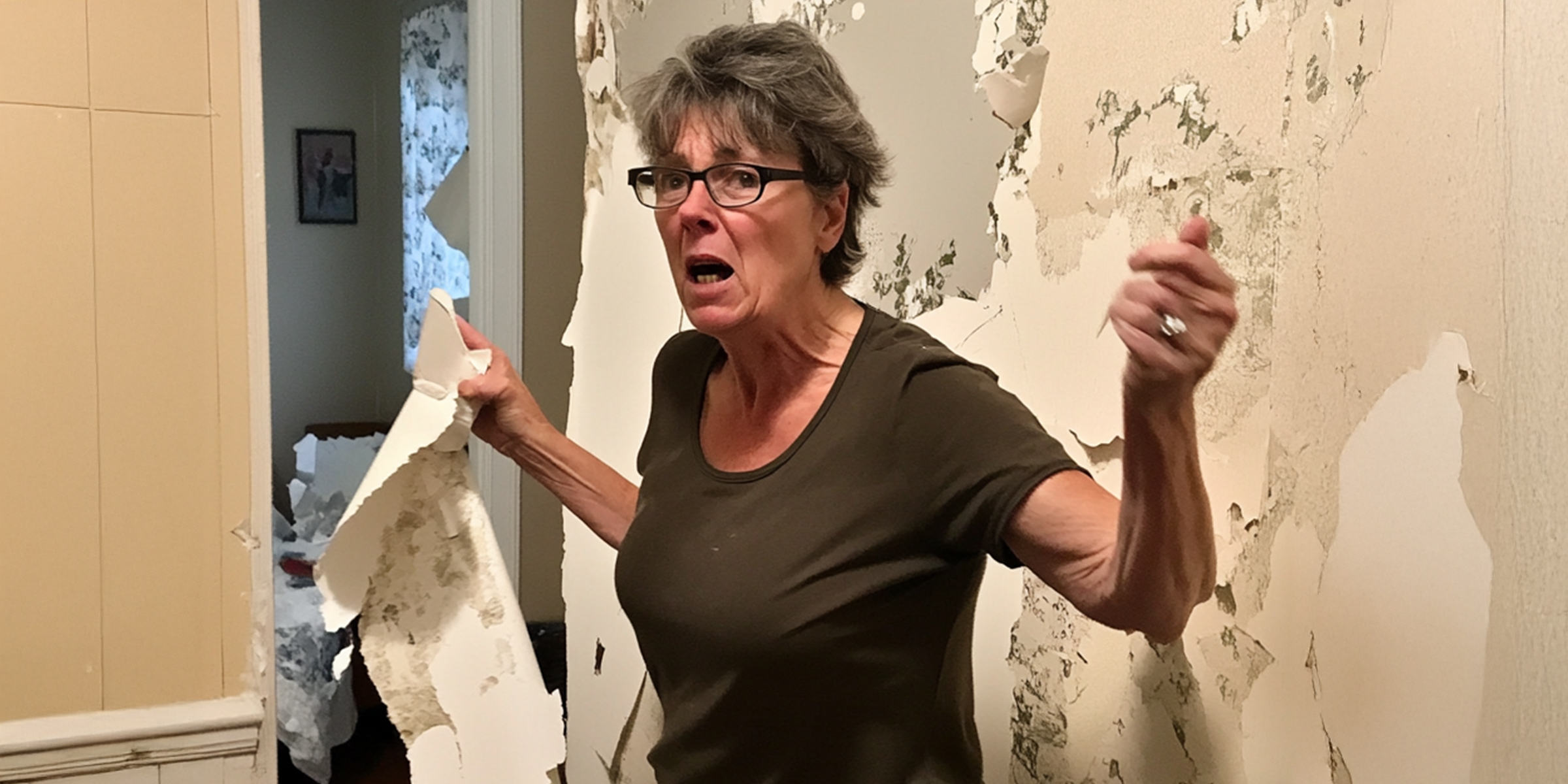 A woman pulling out wallpaper | Source: Midjourney