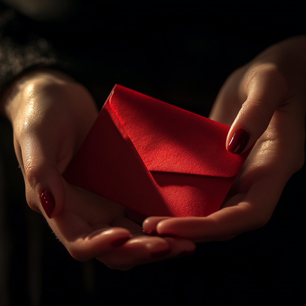 A woman holding a red envelope | Source: Midjourney