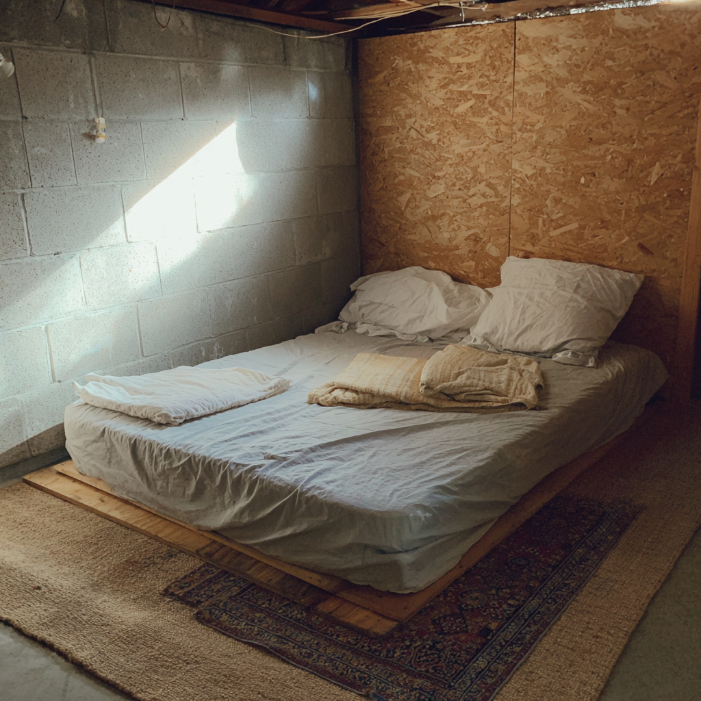 An uncomfortable bed in a basement | Source: Midjourney