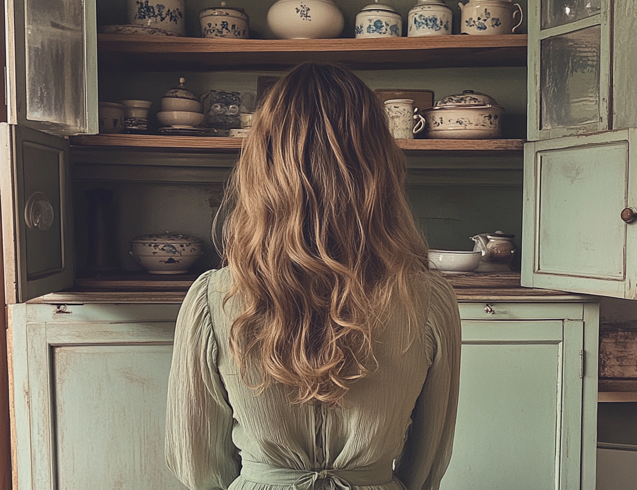 A woman looking through a kitchen cabinet | Source: Midjourney