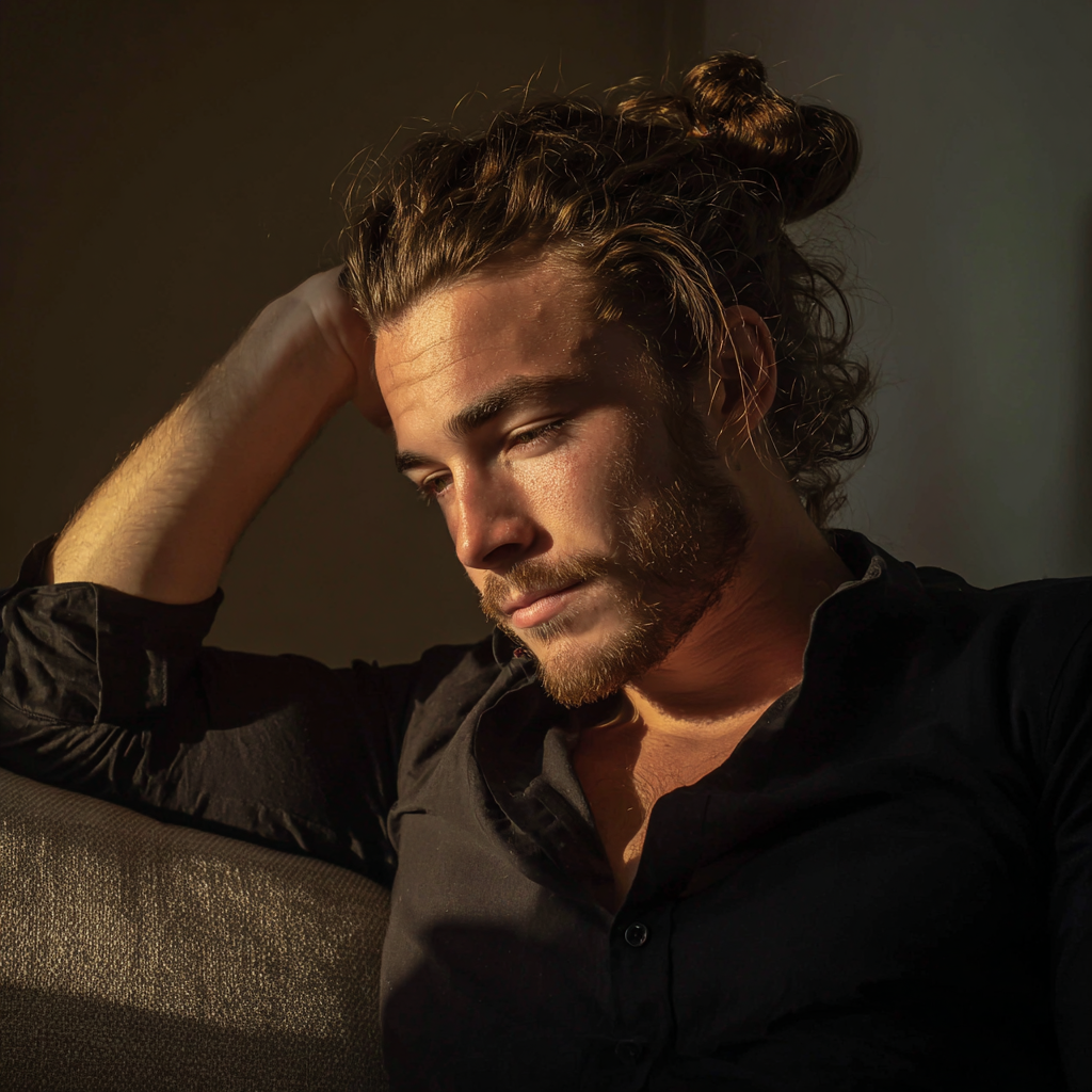 A man sitting on a couch and holding his head | Source: Midjourney