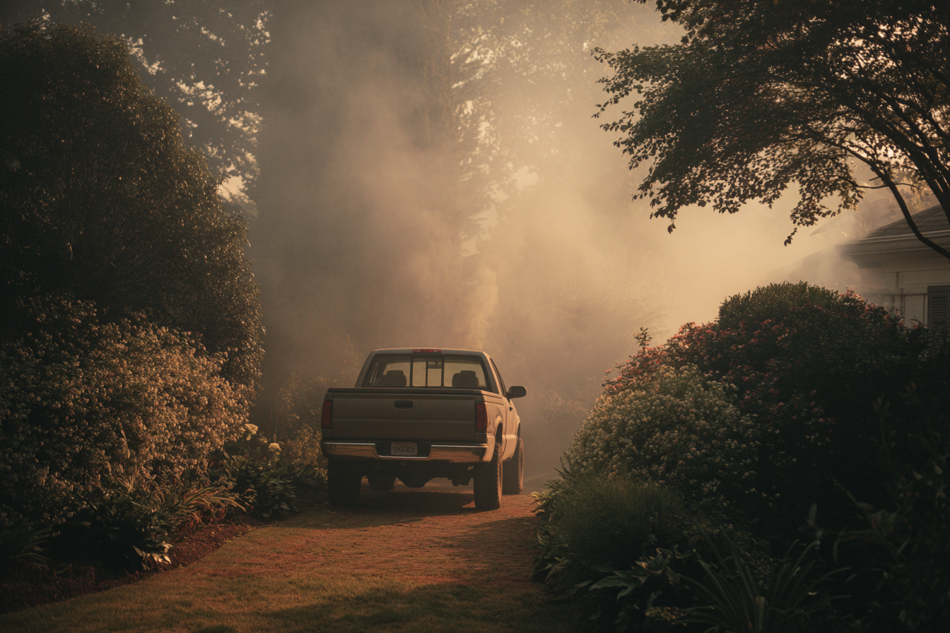 A car parked in a smoke-filled yard | Source: Midjourney