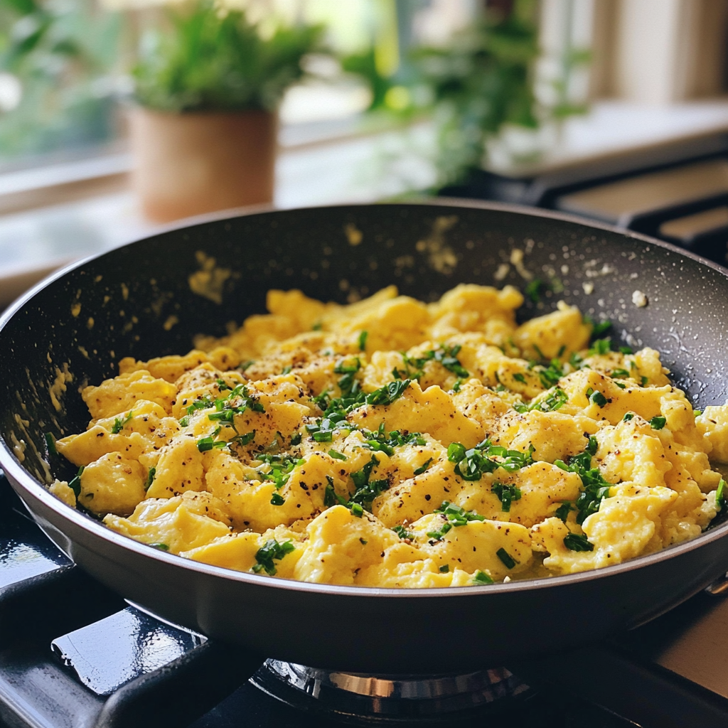 Scrambled eggs in a pan | Source: Midjourney