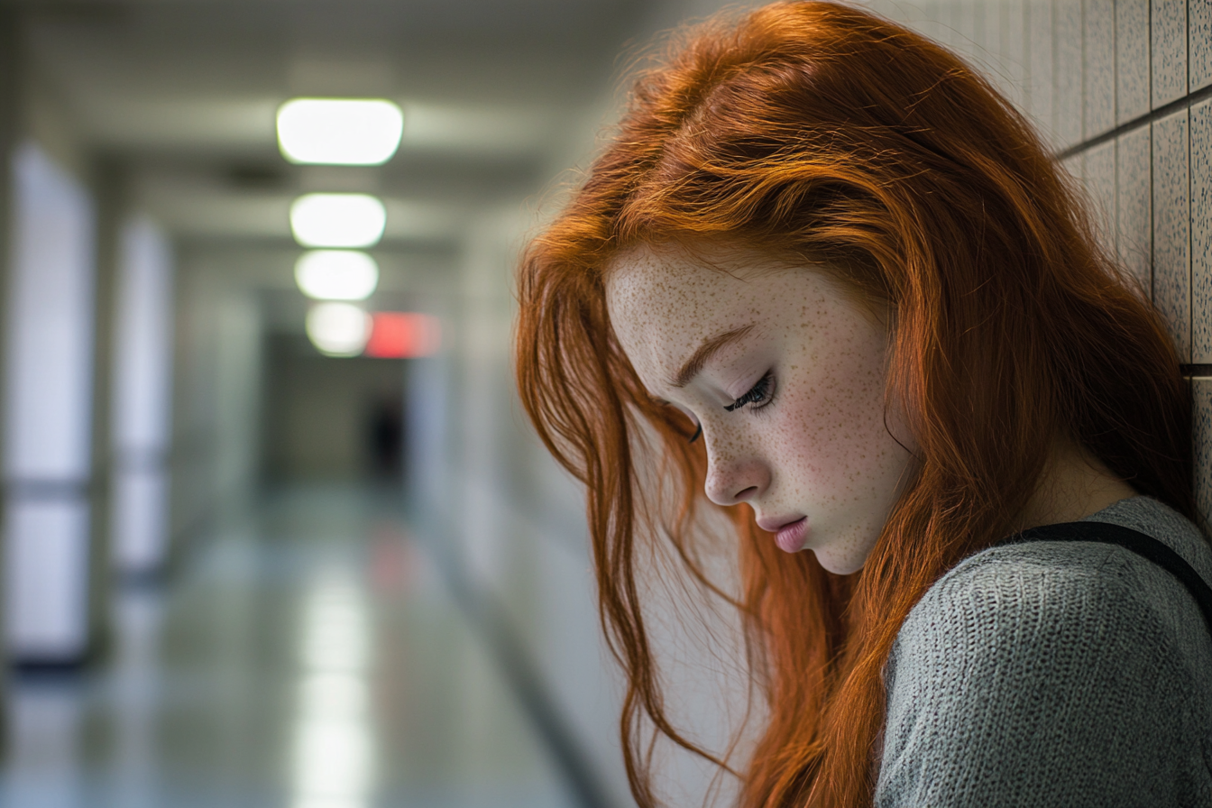 A sad teen girl in a school corridor | Source: Midjourney