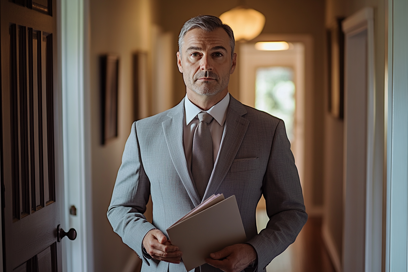 Man in a gray suit standing calmly in a hallway | Source: Midjourney