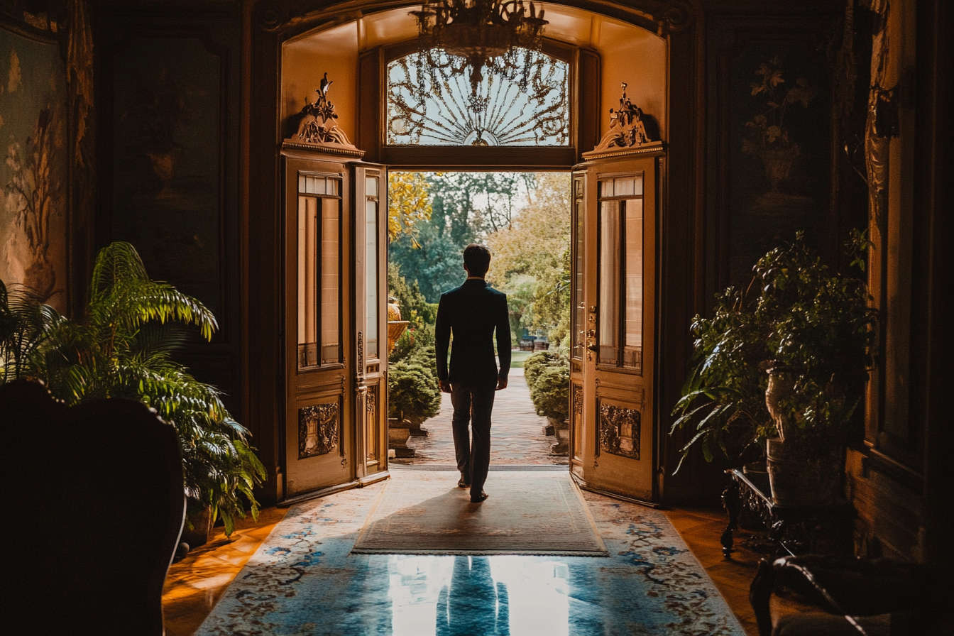 A man in silhouette exiting a luxury home | Source: Midjourney