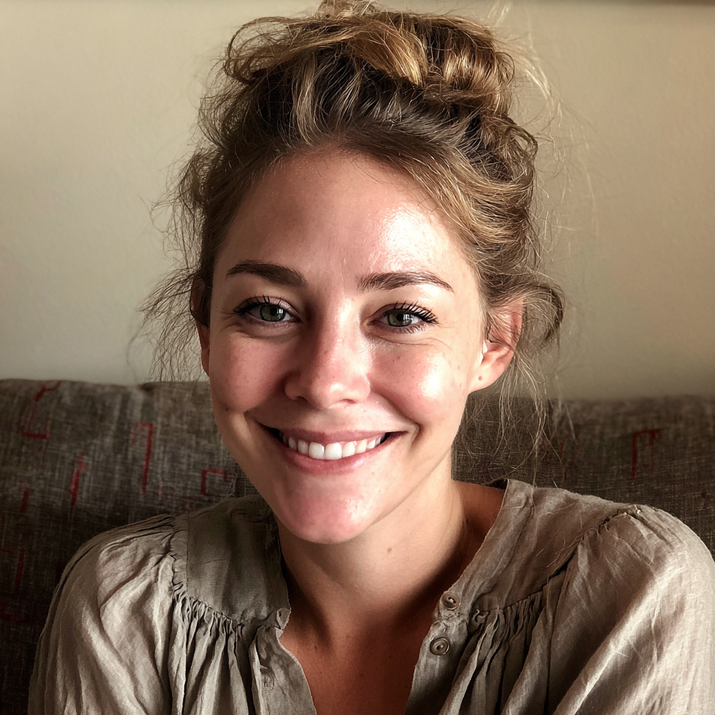 A smiling woman sitting on a couch | Source: Midjourney