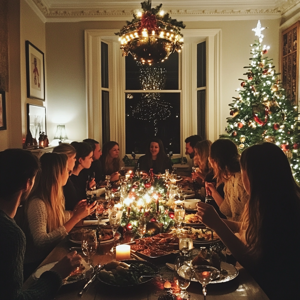 A family sitting at a dinner table | Source: Midjourney