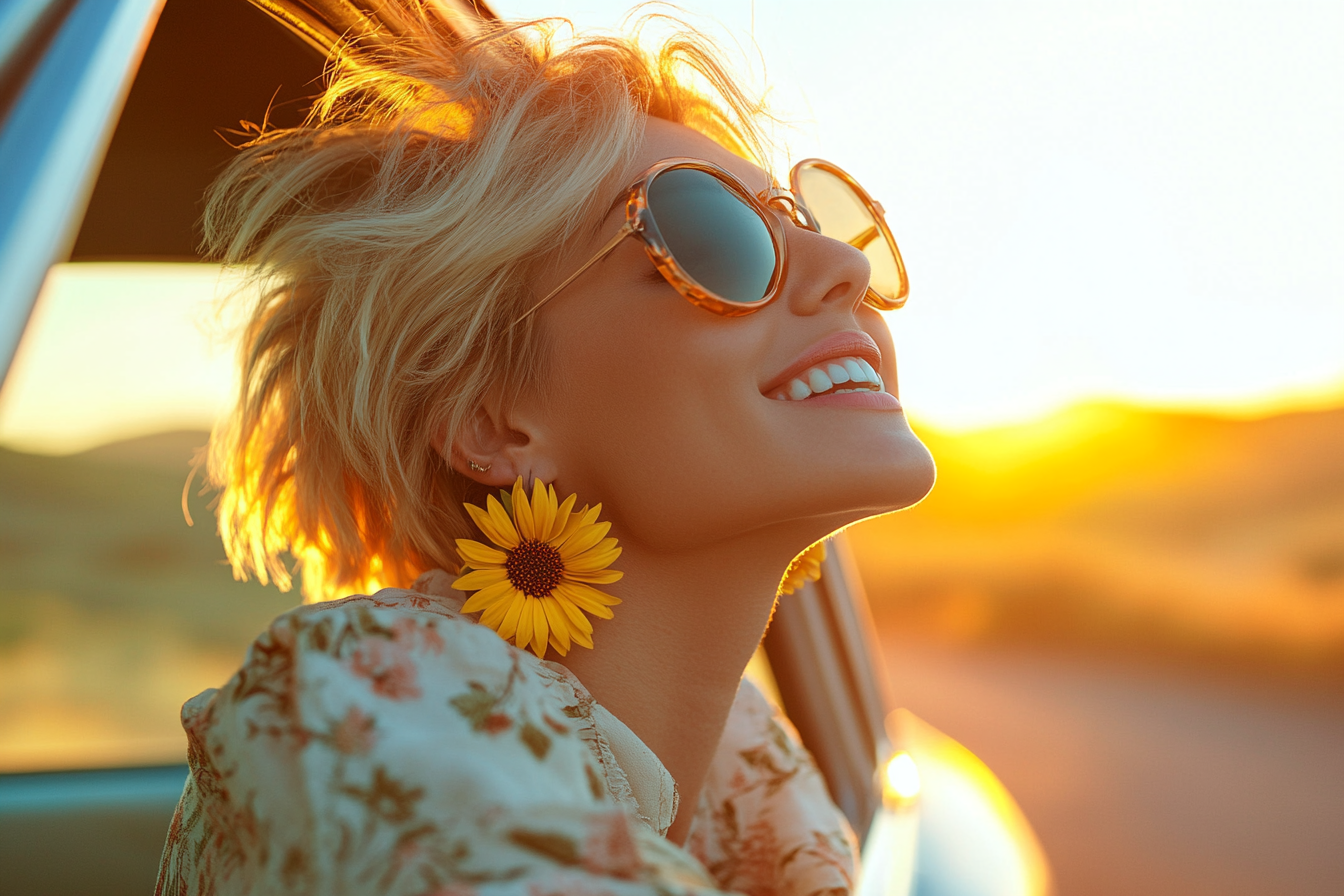 Woman in her 30s with sunglasses and her head out of the window of a car during a road trip | Source: Midjourney