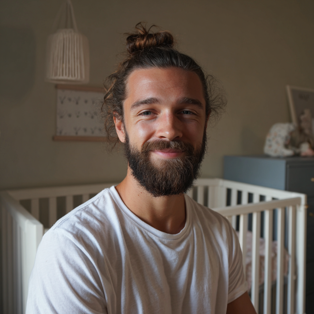 A smiling man standing in front of a crib | Source: Midjourney