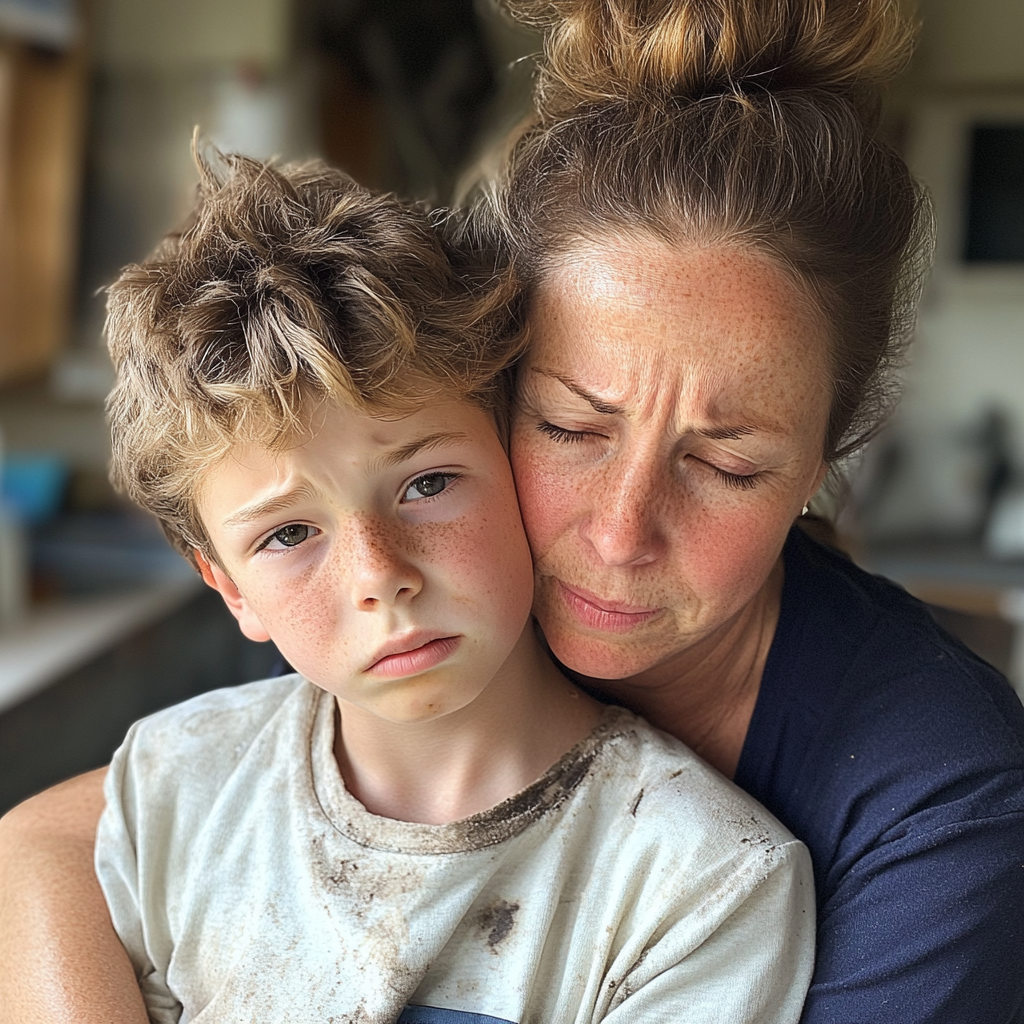 An upset mom and son holding each other | Source: Midjourney