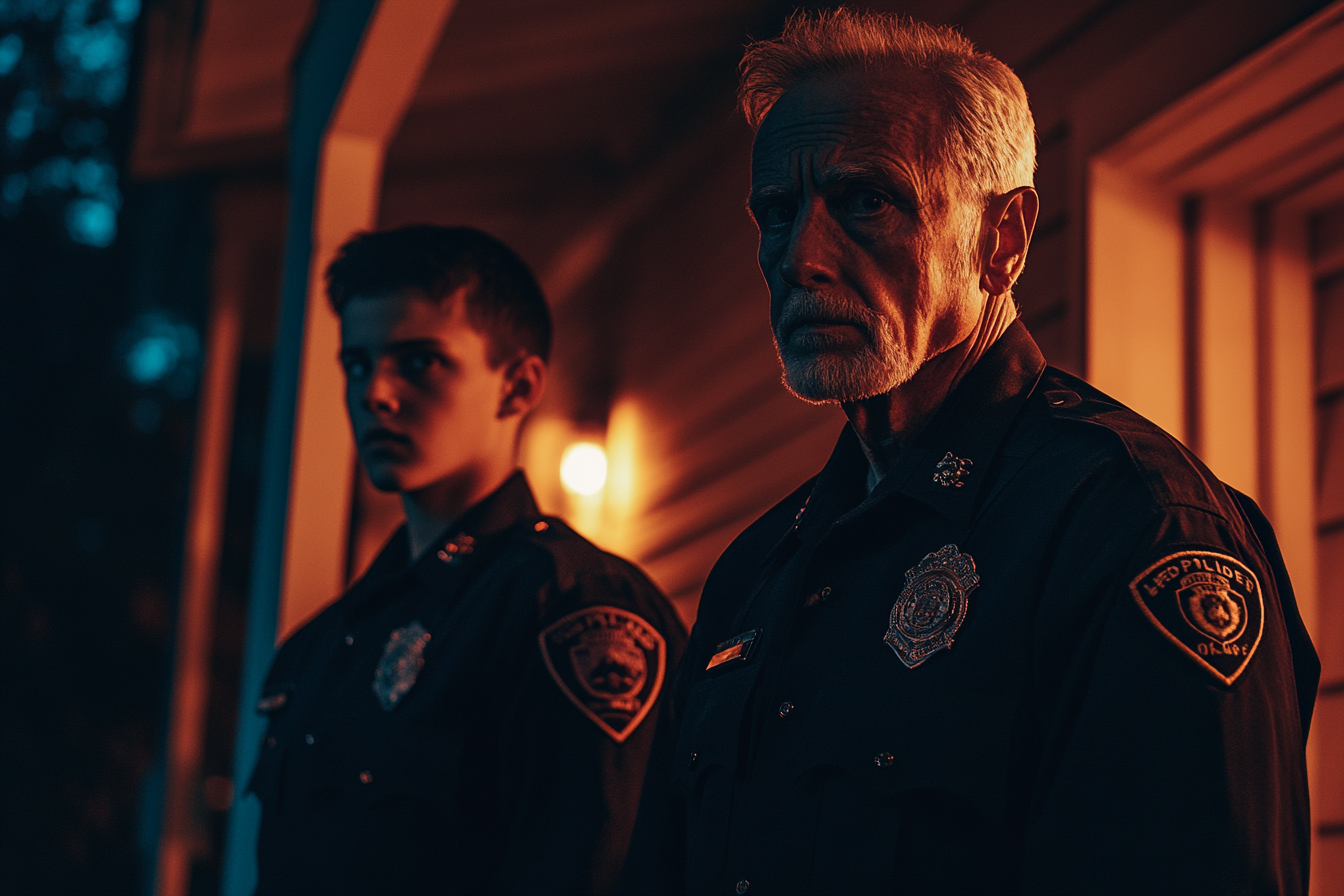 An older cop and a younger cop wait on the porch of a house | Source: Midjourney