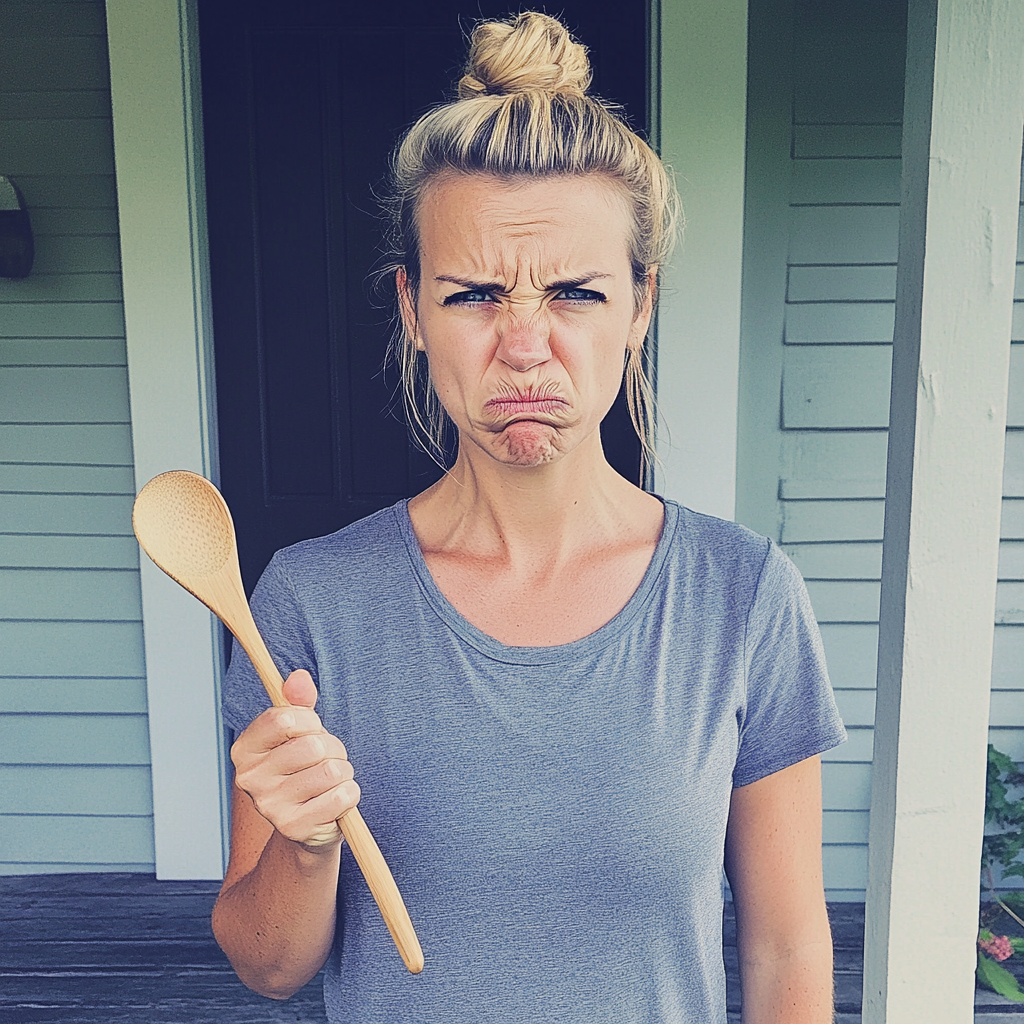 An upset woman holding a wooden spoon | Source: Midjourney