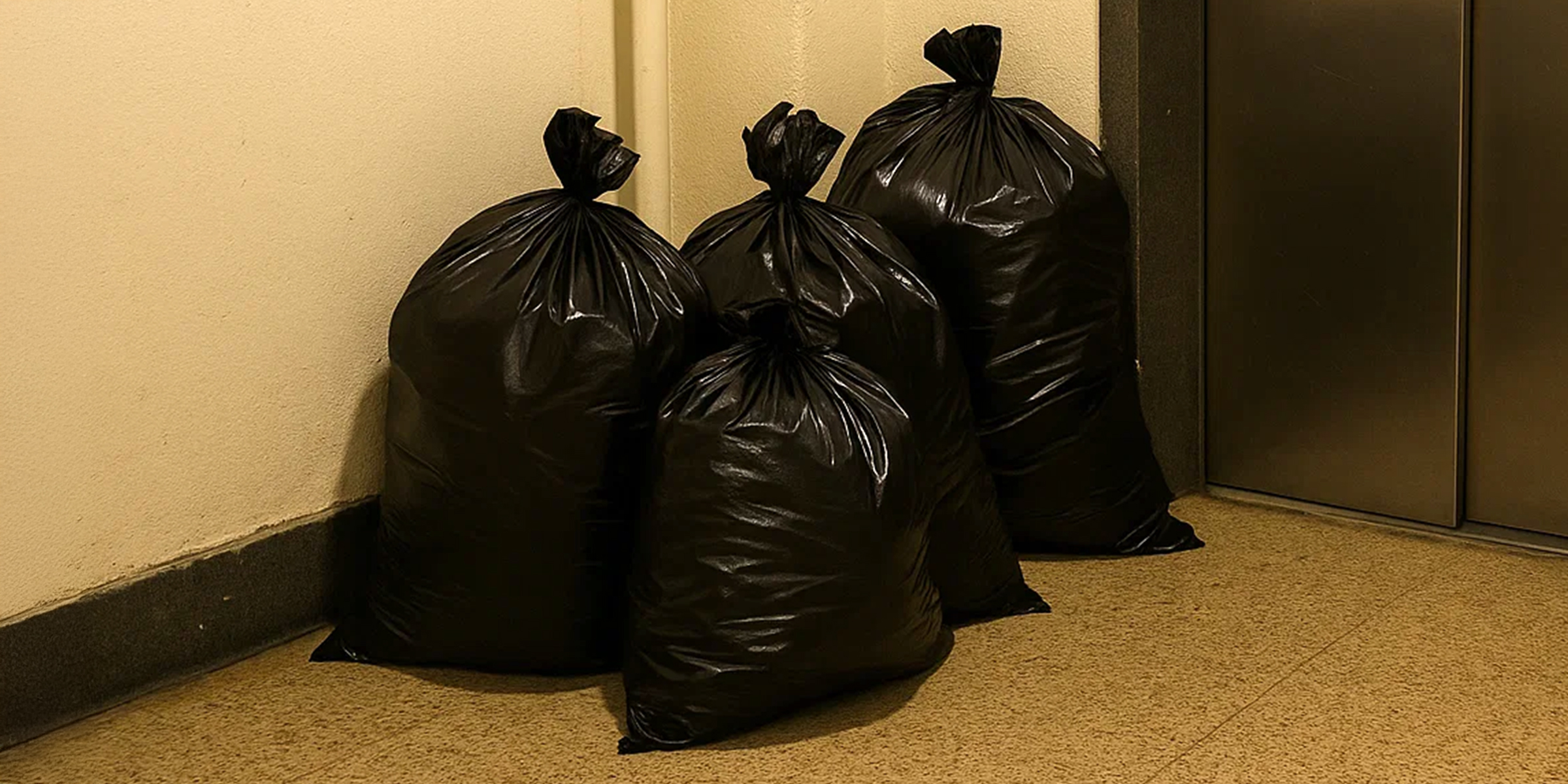 Trash bags in a hallway near the elevator | Source: The Celebritist