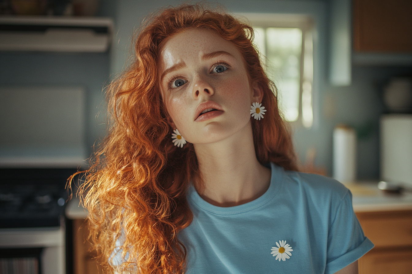 Teenage girl looking surprised in the kitchen | Source: Midjourney