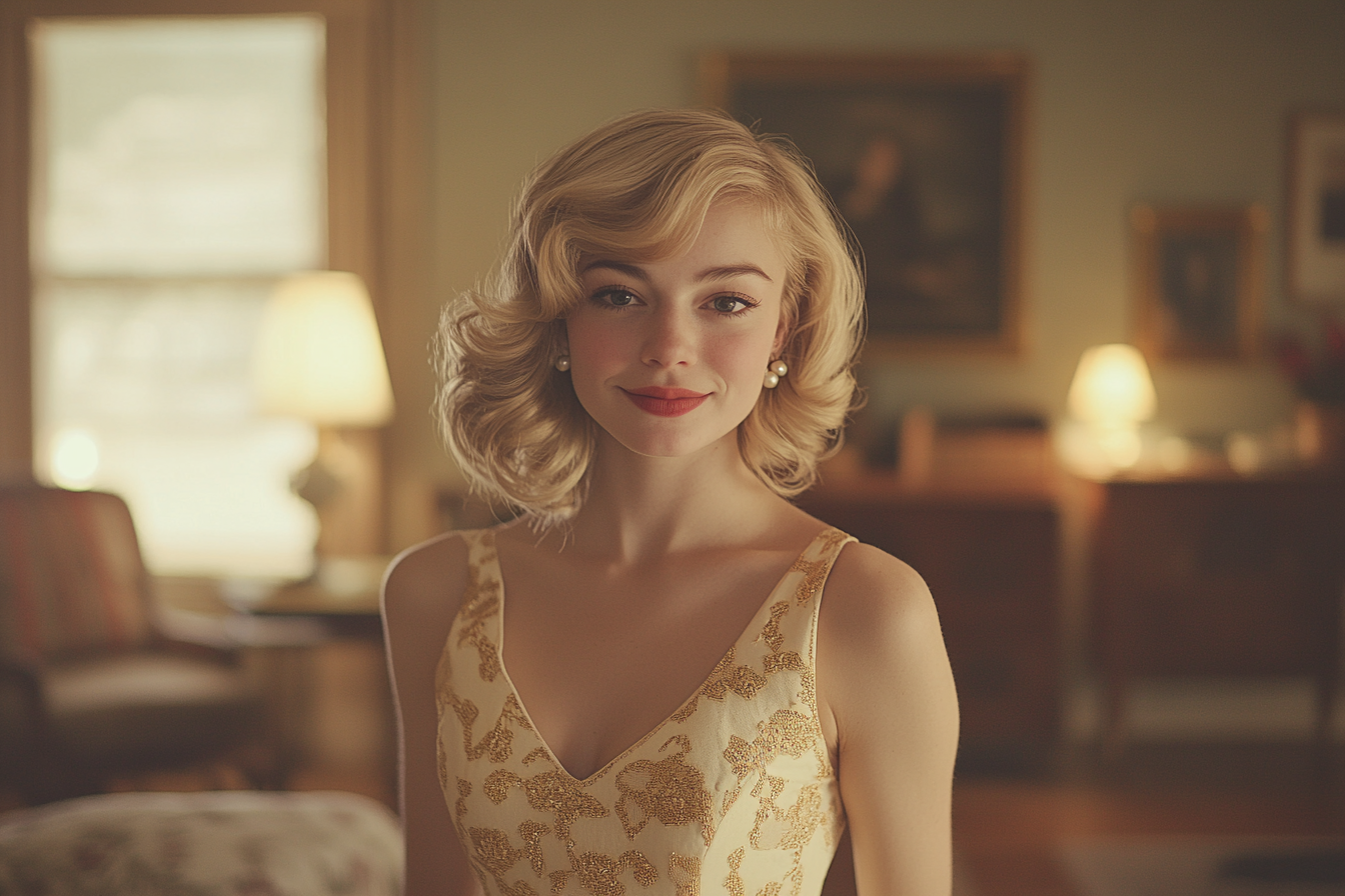 Elegant woman in a cream and gold dress, standing in a living room | Source: Midjourney