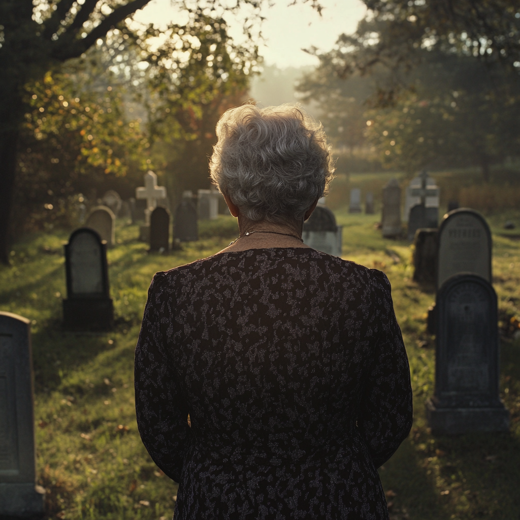 A back-view shot of a woman leaving a graveyard | Source: Midjourney