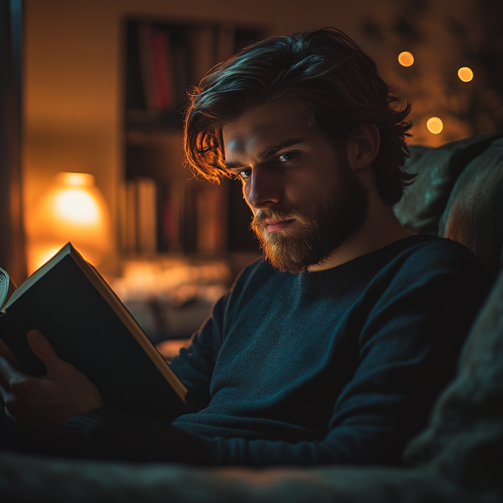 A man reading a book in his living room | Source: Midjourney