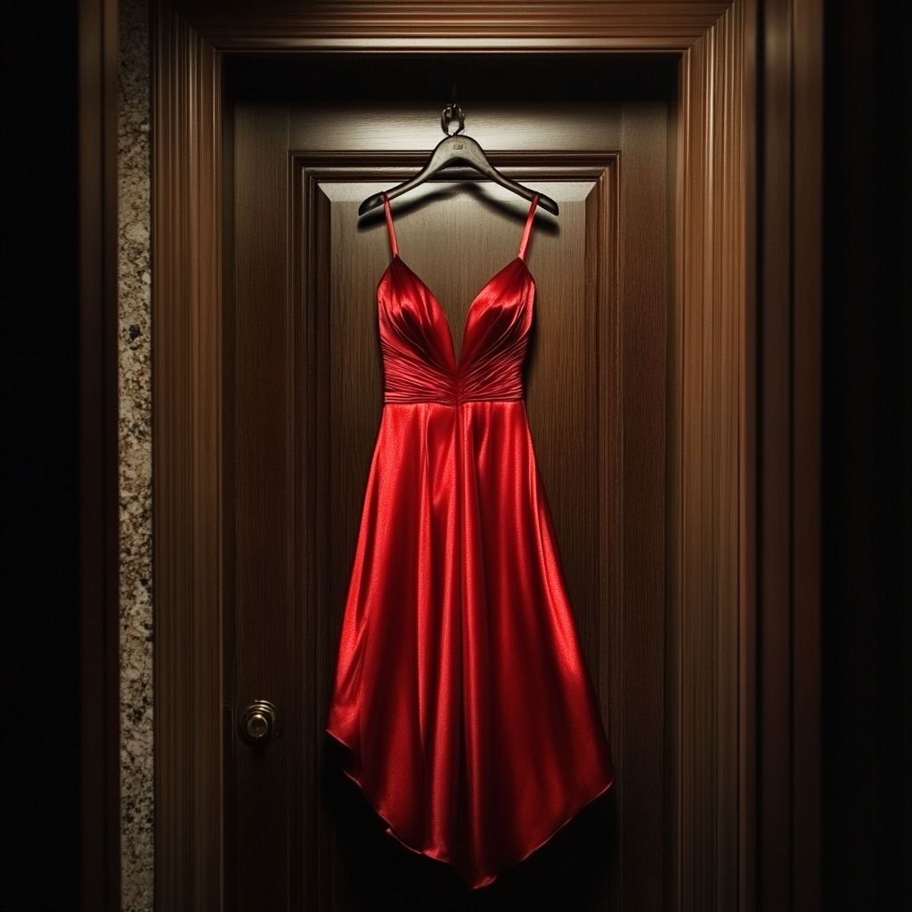 A red evening dress hanging on a door | Source: Midjourney