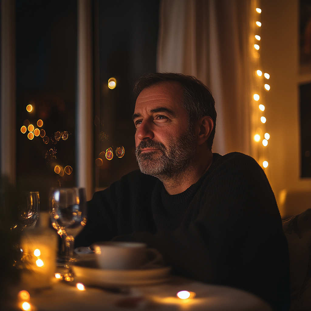 Un homme sérieux à table | Source : Midjourney