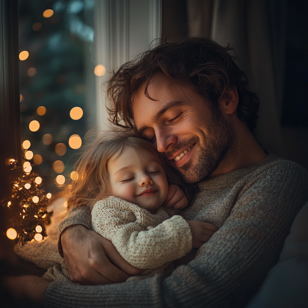 A man holding his smiling daughter | Source: Midjourney