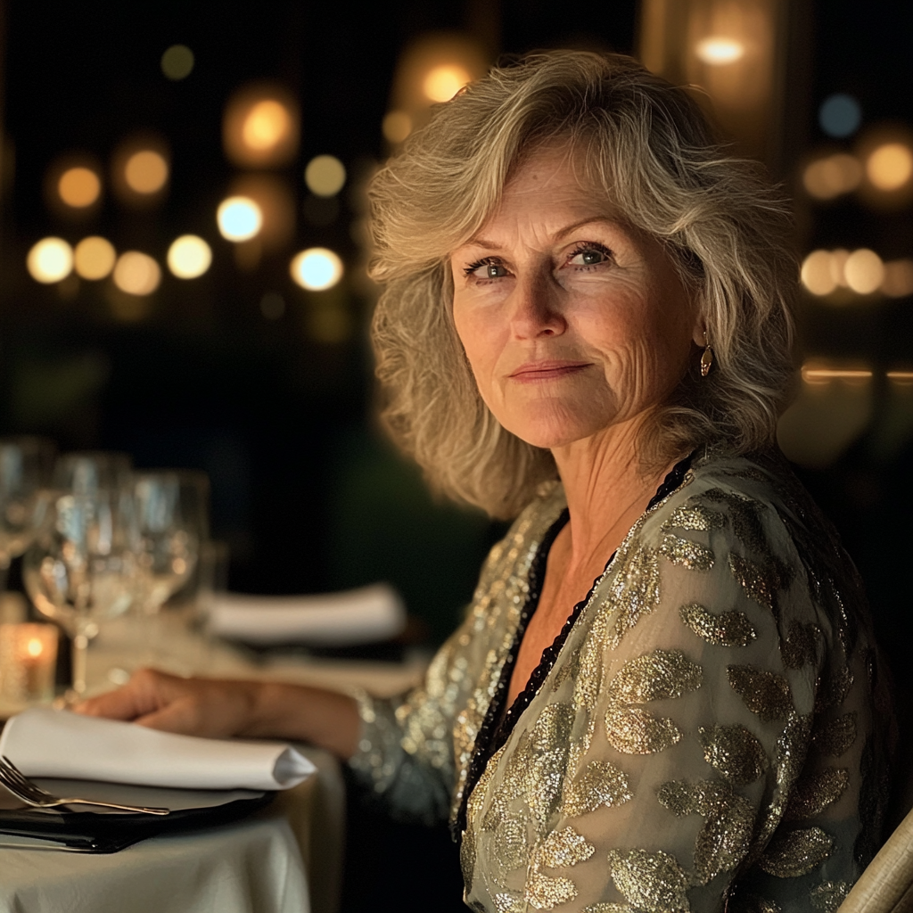 A woman sitting at a table | Source: Midjourney