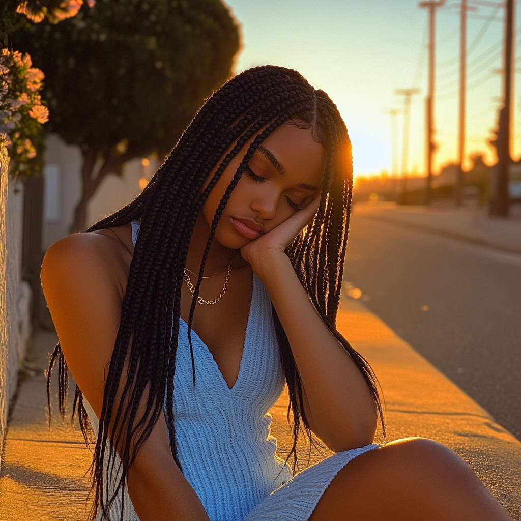 A woman sitting on a sidewalk | Source: Midjourney