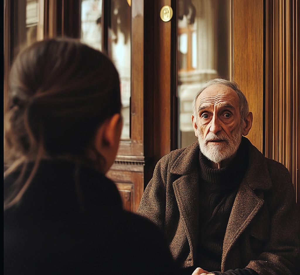 Senior man and a young woman having a conversation | Source: Midjourney