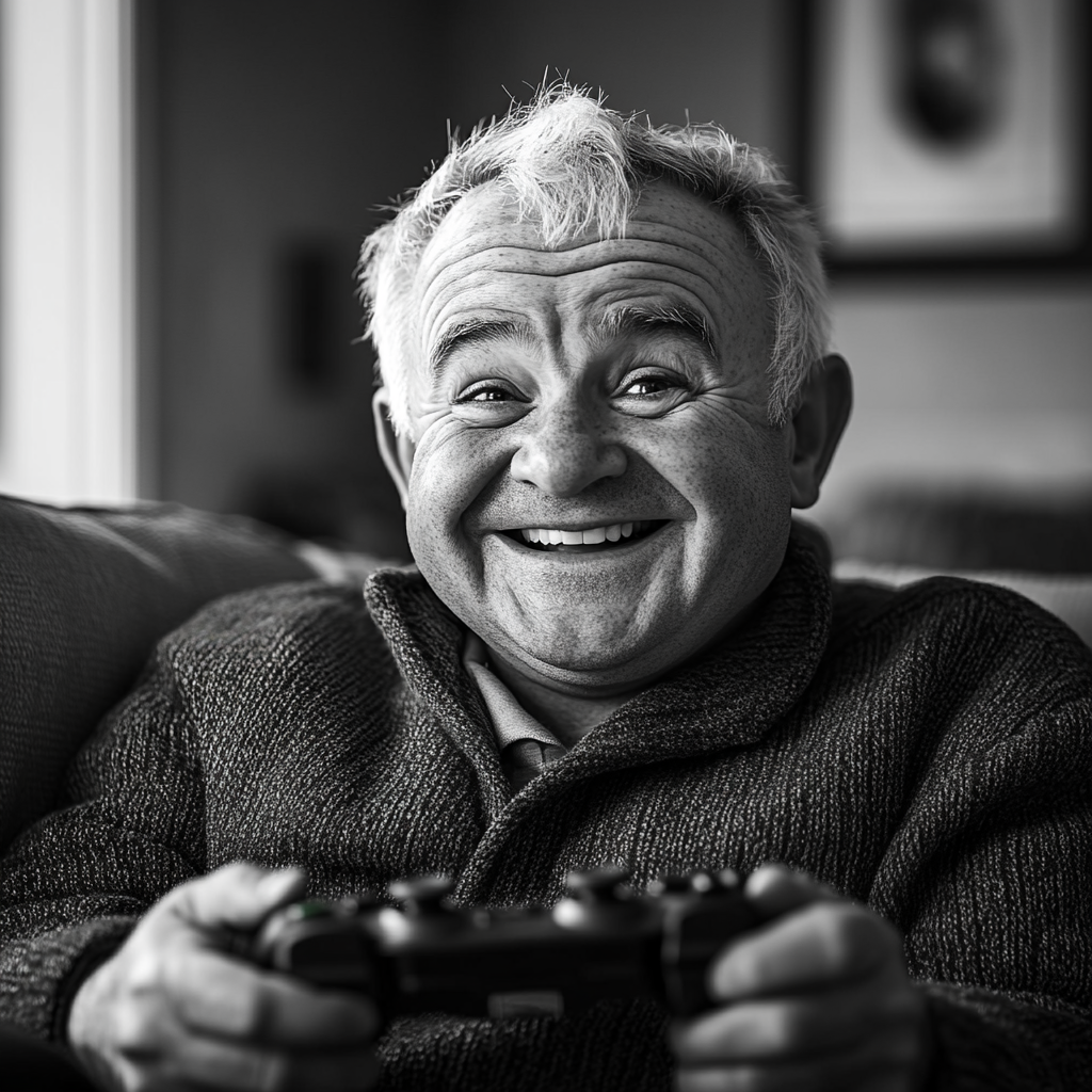 Grayscale image of an older man holding a game console and looking at someone with desperation in his eyes | Source: Midjourney