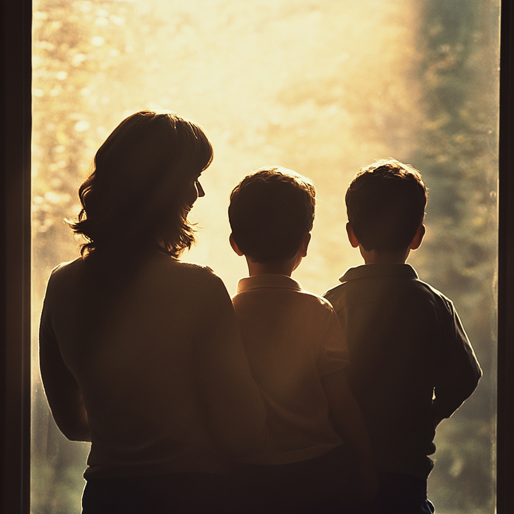 Silhouette of a woman with two young boys | Source: Midjourney