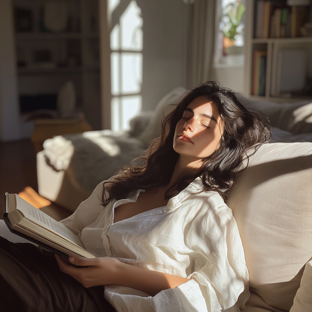 A woman relaxing in a living room | Source: Midjourney