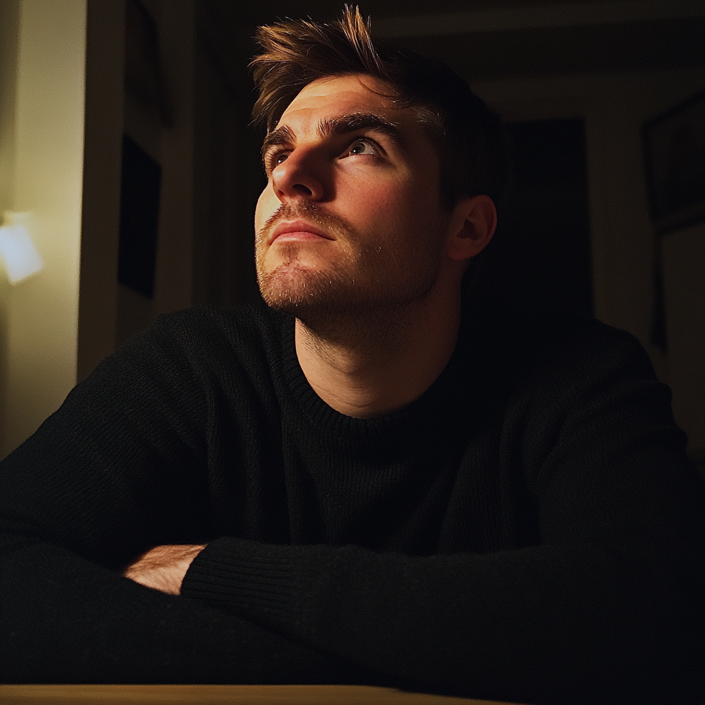 A man wearing a black sweater sitting at a table | Source: Midjourney