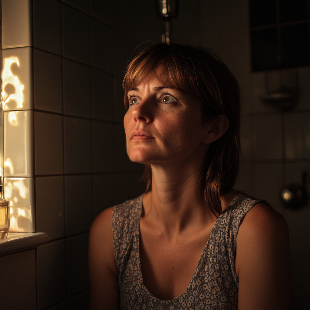 A concerned woman in her bathroom | Source: Midjourney