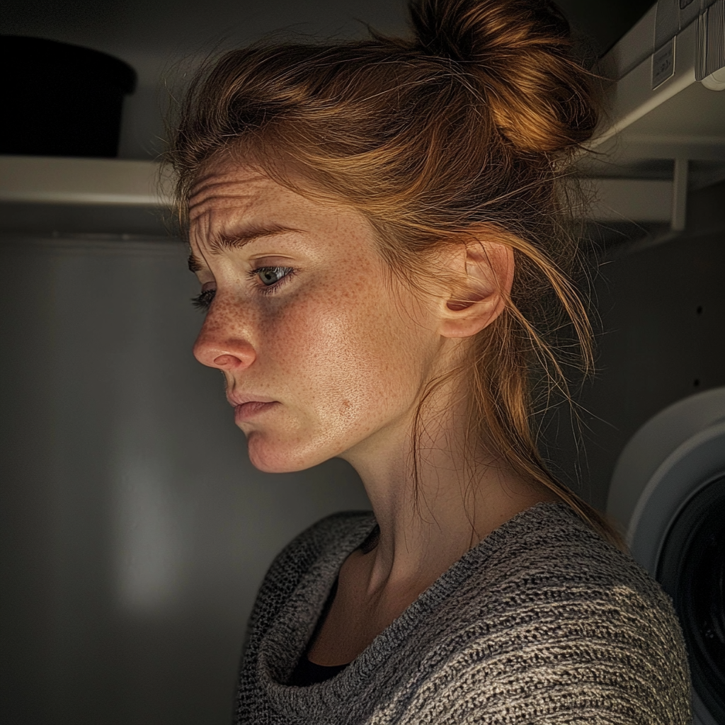 An upset woman standing in a laundry room | Source: Midjourney