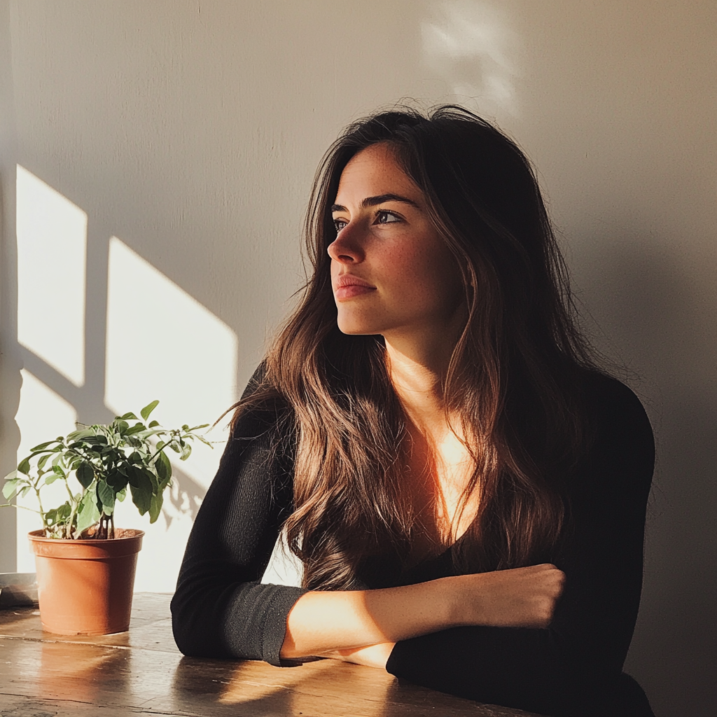 A woman sitting at a table | Source: Midjourney