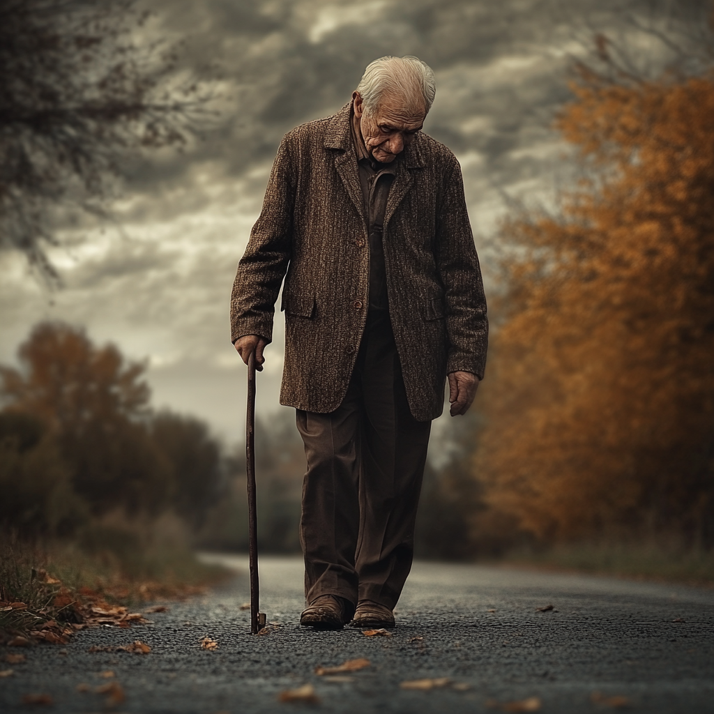 A sad older man walking on the road | Source: Midjourney