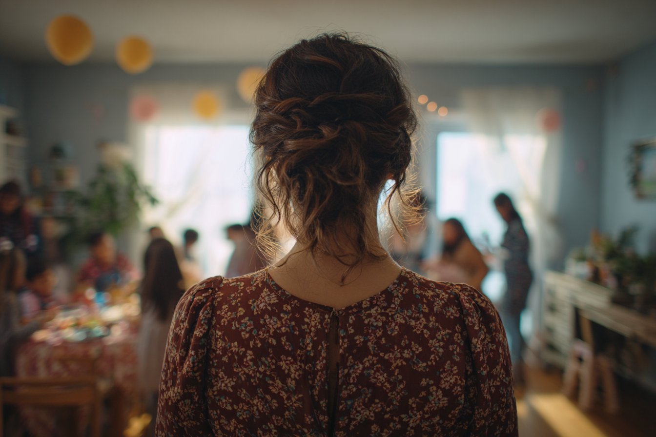 A back-view shot of a woman standing in a birthday party | Source: Midjourney