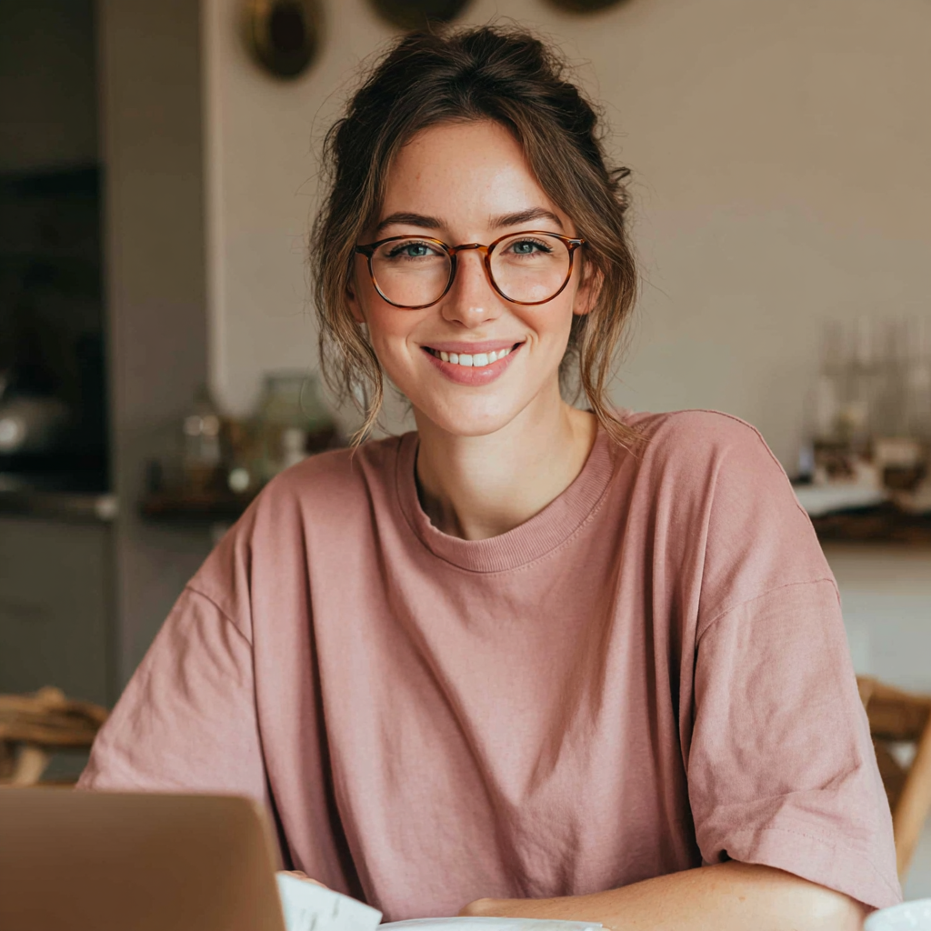 A smiling woman using her laptop | Source: Midjourney