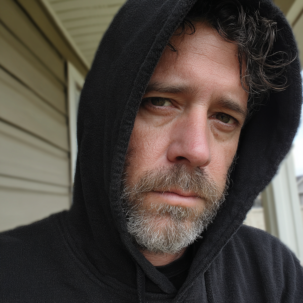 An upset man wearing a black hoodie | Source: Midjourney