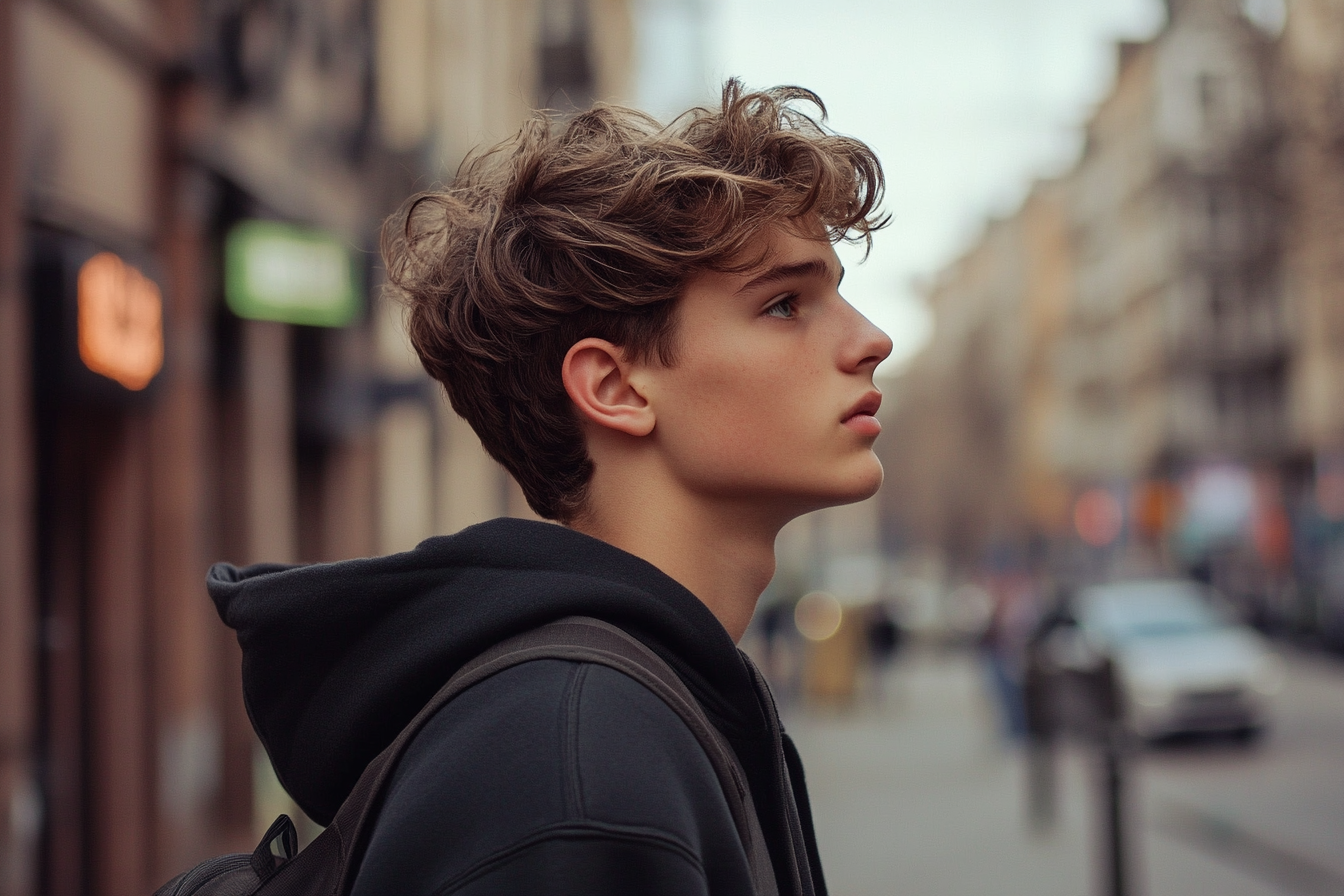 A young man walking down a city street | Source: Midjourney