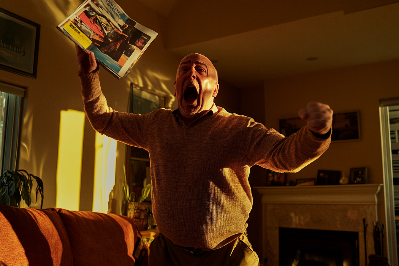 An elderly man in his 70s stands in his living room, yelling and throwing a magazine in anger | Source: Midjourney