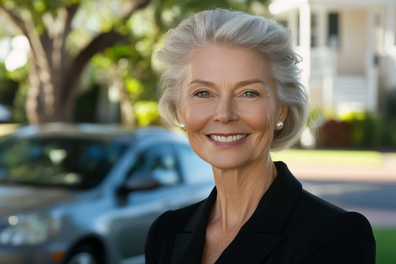 Elegant woman in her 60s smiling in her front yard | Source: Midjourney