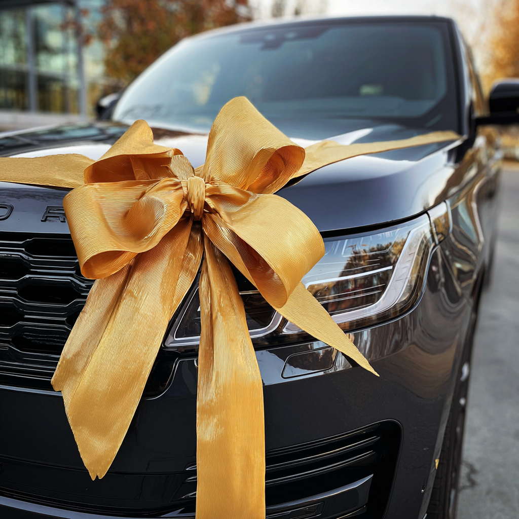 A gold ribbon tied onto a black SUV | Source: Midjourney