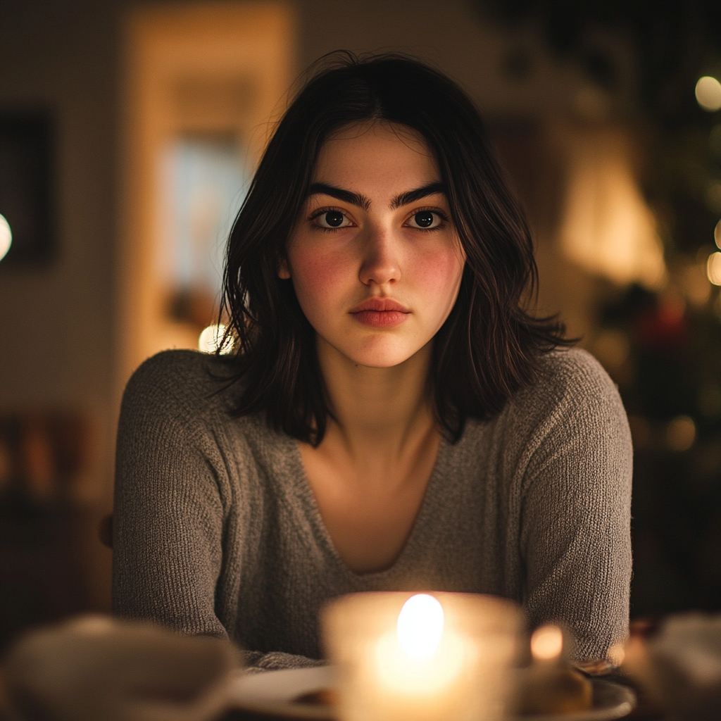 A woman sitting at a dinner table | Source: Midjourney